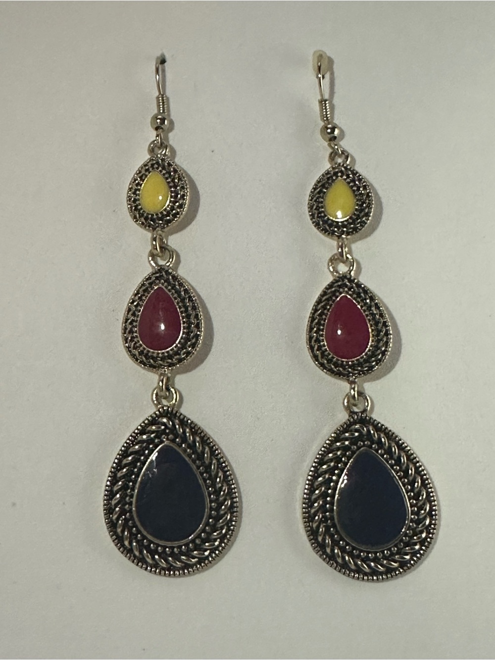 Tri-Drop Teardrop Dangle Earrings in Yellow, Pink & Blue (AS-IS)